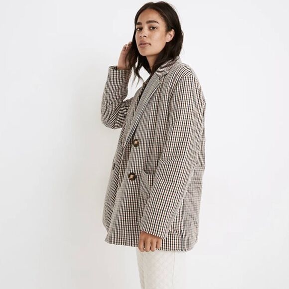 MADEWELL Padded Shoulder Blazer in houndstooth/plaid. - Picture 2 of 4